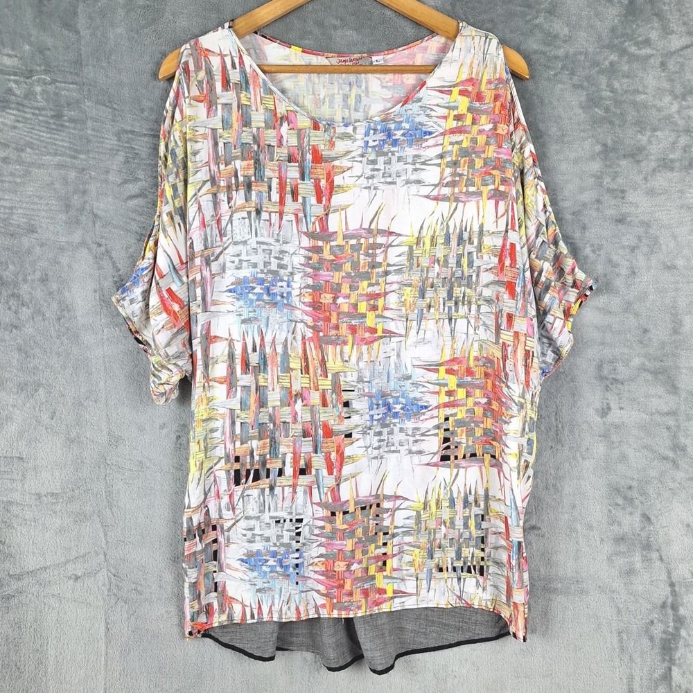 Vintage Jams World Top Womens Large Abstract Artsy Cold Shoulder Hawaiian Tunic